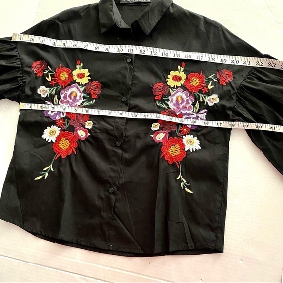 Haute Rouge Black Floral Blouse M/L Cropped Button-up Cotton Boho Embroidered - Picture 12 of 12
